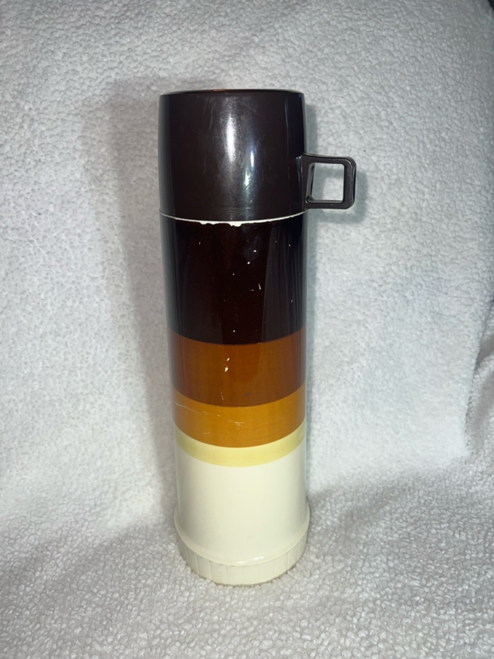 Thermos Vintage Brown, Amber and Cream Striped Insulated thermos with cup